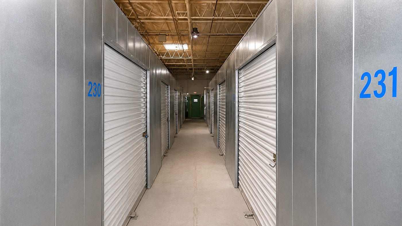 A corridor inside the facility, lined on both sides with galvanized steel roll-up doors, each marked with a blue unit number.