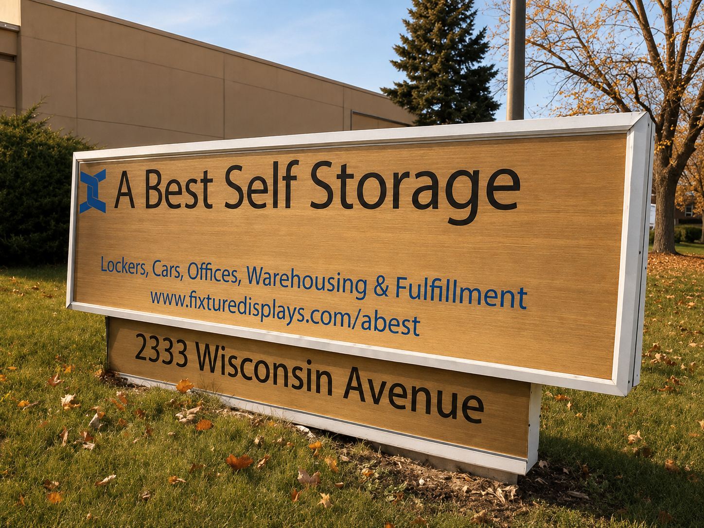 The ground sign at the entrance, reading A Best Self Storage with the blue interlocking-knot mark and the street address.