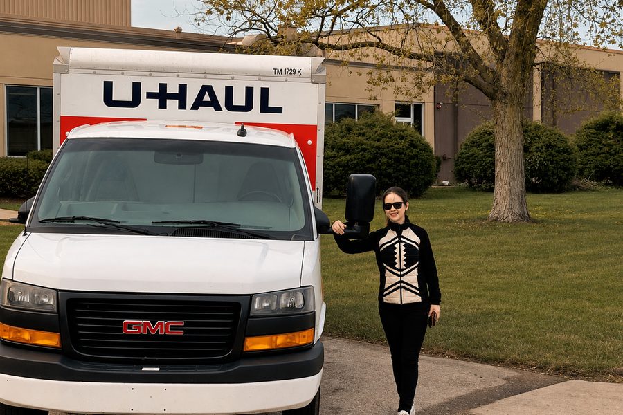 The owner standing beside a U-Haul truck in the paved lot at A Best Self Storage, with the brick building and the business sign behind her.
